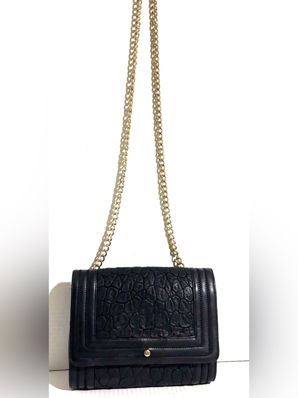 Vintage Black Textured Leather Crossbody with Gold Chain